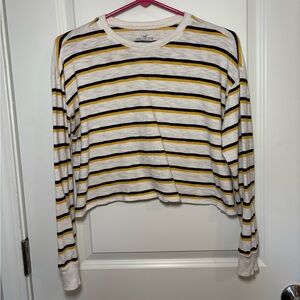 Hollister Navy, White and Yellow Striped Cropped Long Sleeve Top